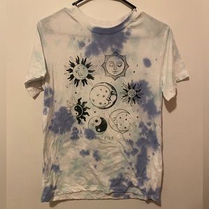 blue and white tye dye short sleeve tee shirt with sun crescent moon